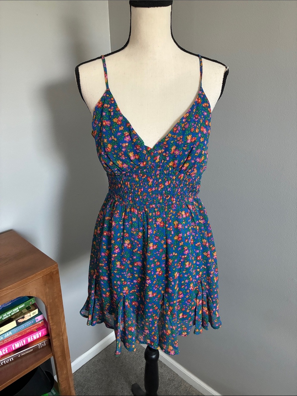 Trixxi Blue Floral Mini Dress with Pink & Orange Flowers